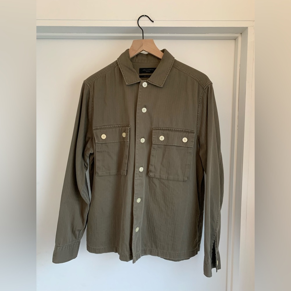 All Saints Men’s Cotton Shirt Jacket in Olive Size Medium